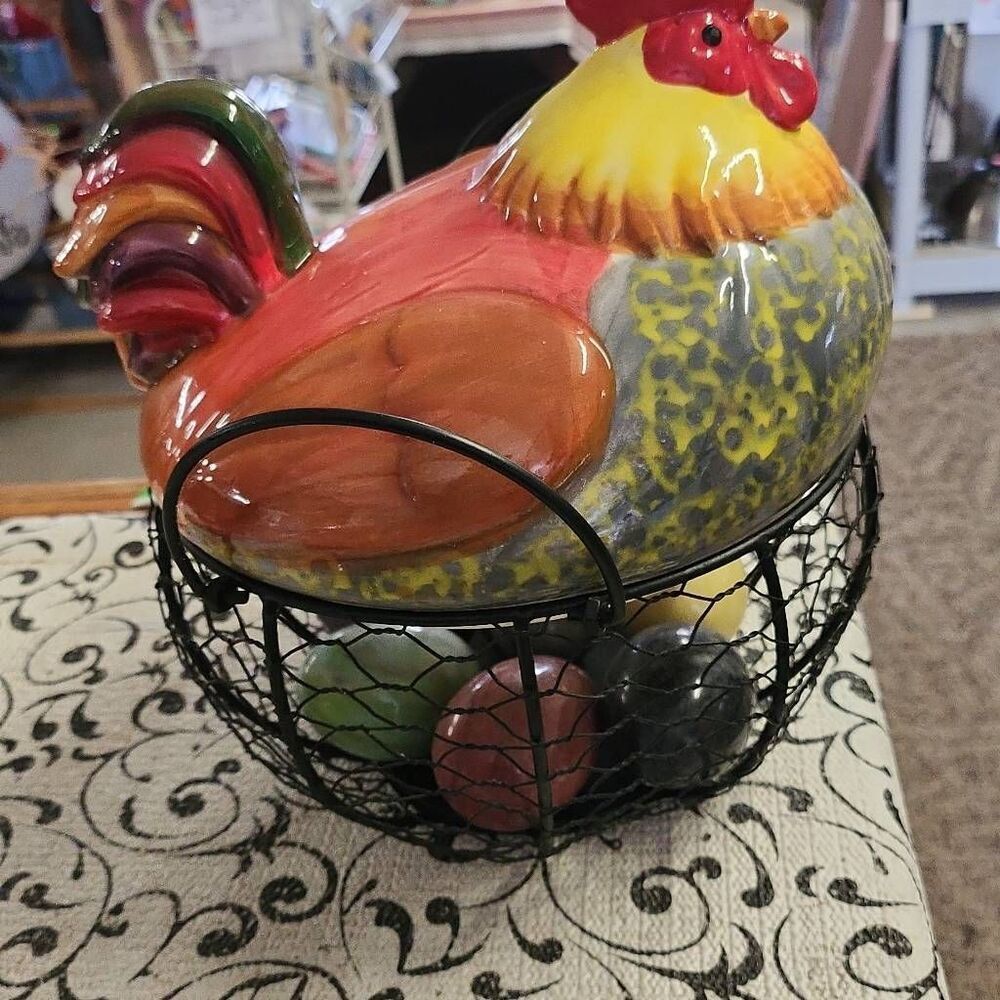 Ceramic Hen Egg Basket and Eggs